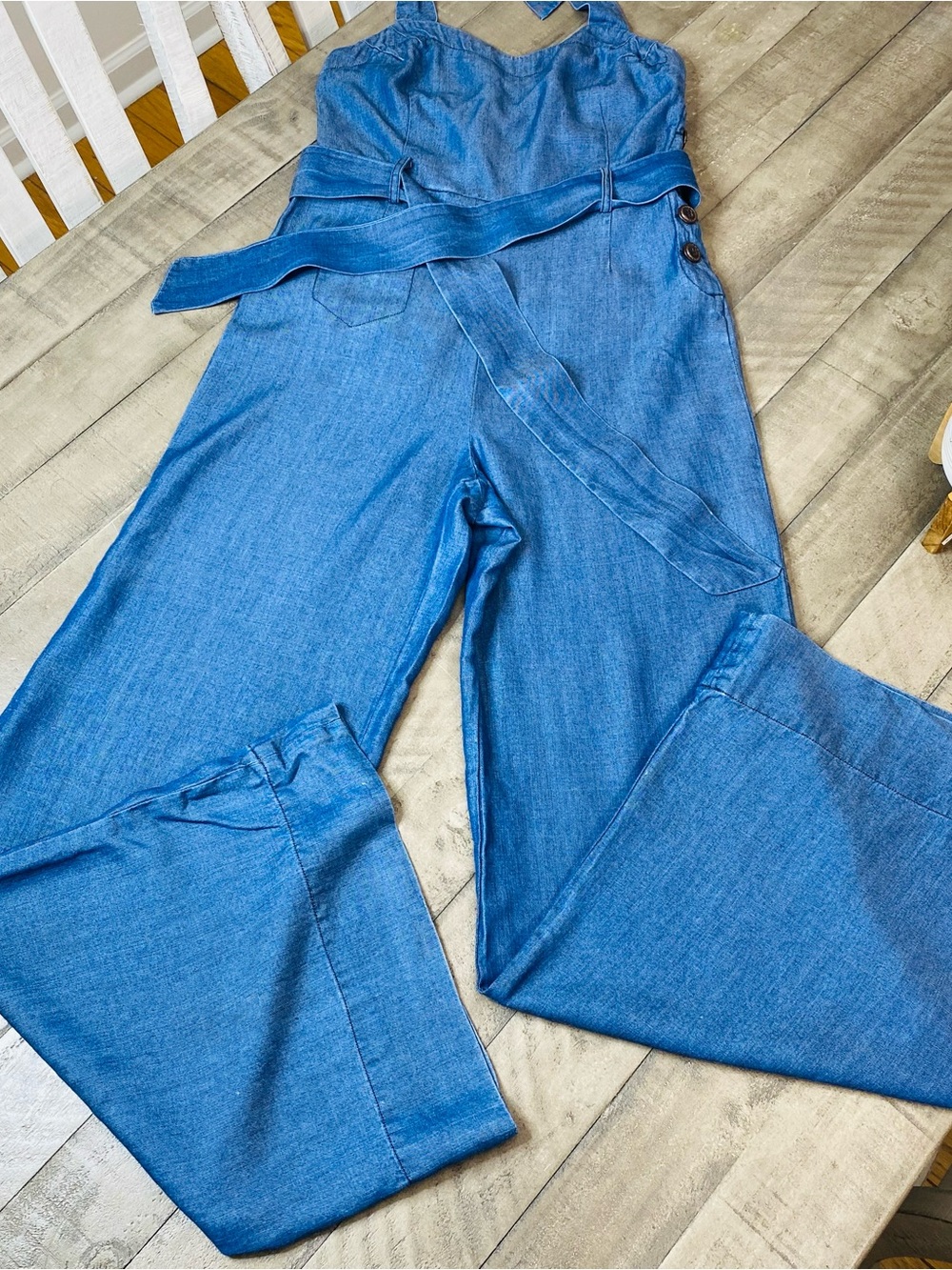 Anthropologie Elevenses Sharlene Denim Halter Jumpsuit Wide Leg Flare Size 6 - Picture 3 of 13